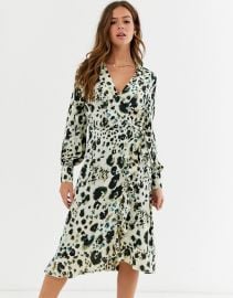 Influence wrap front satin midi dress in abstract leopard print   ASOS at Asos